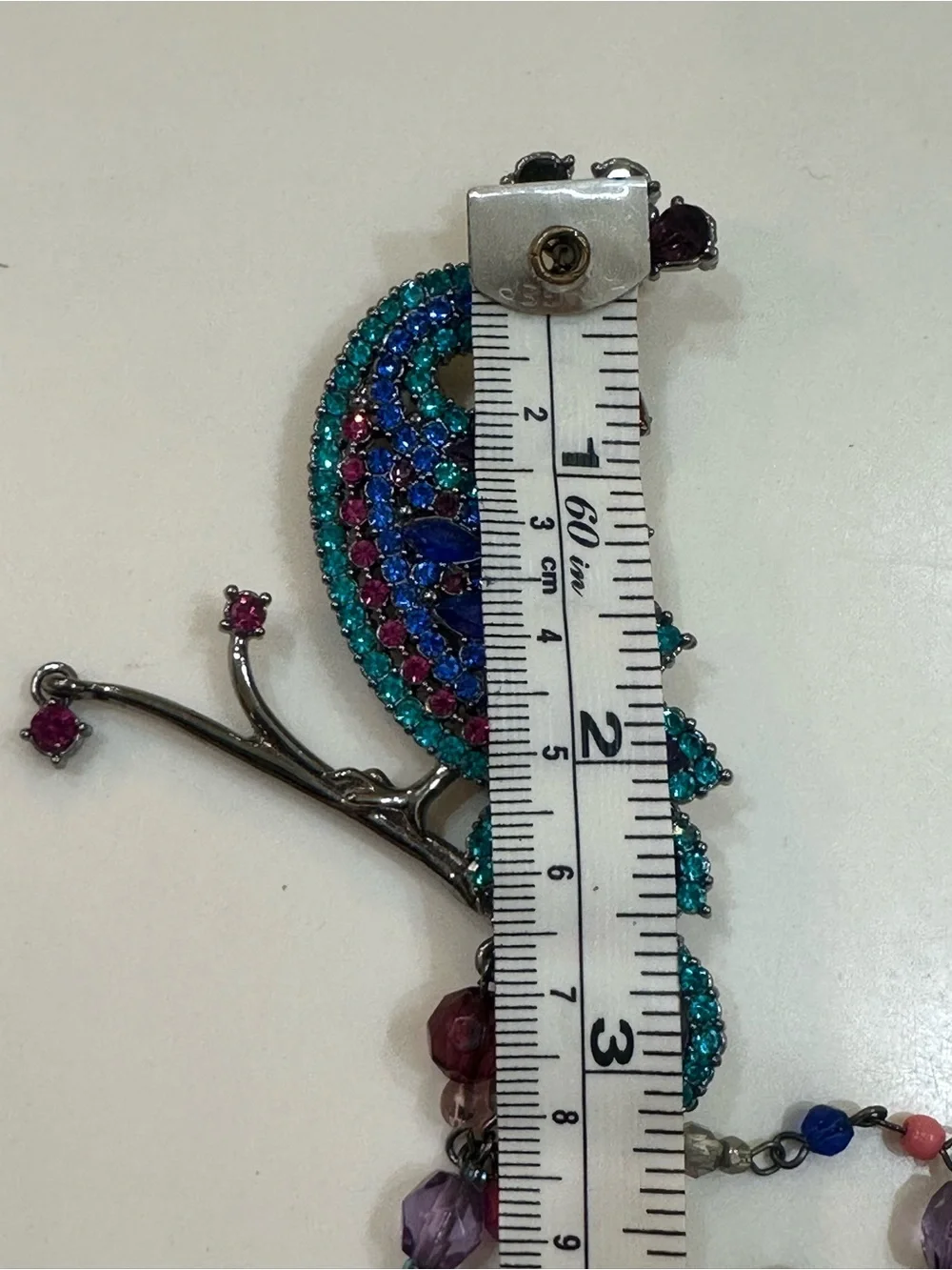 Avon Vintage Rhinestone Peacock Brooch with Dangle Bead Tail - Picture 7 of 10